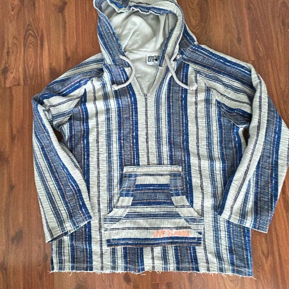 NWOT American Crown blue and grey striped Baja long sleeve hoodie top extra larg